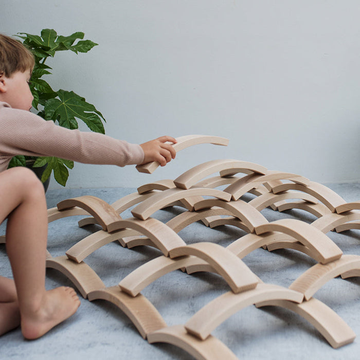 42-Piece Combination Set – 12 Large & 30 Mini Curved Natural Wooden Building Blocks