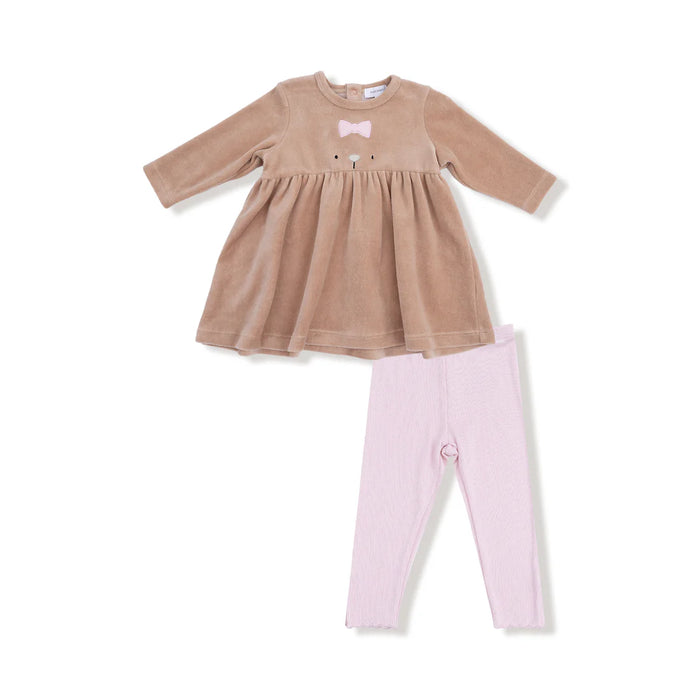 Velour Teddy Bear Dress & Leggings Set