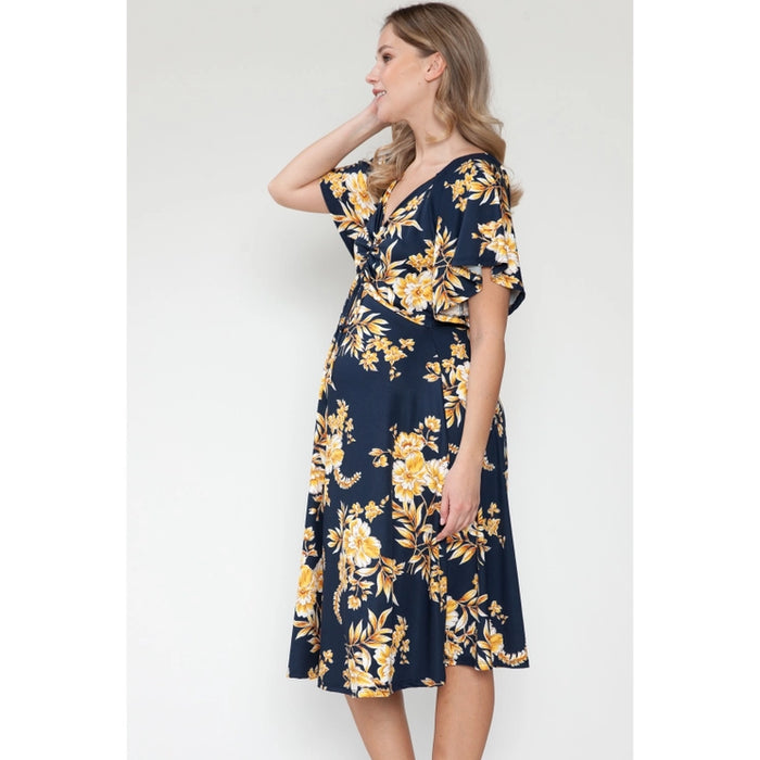 Navy Maternity Floral Spring Midi Dress