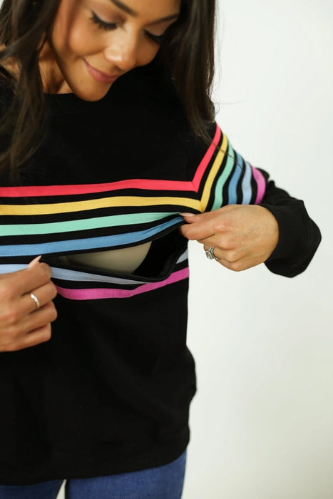 Black Six Stripe Invisible Zipper Breastfeeding Sweatshirt
