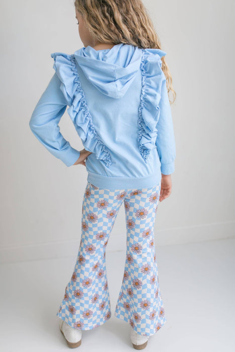 Girls Evie Blue Double Ruffle Hoodie & Retro Check Pant Set