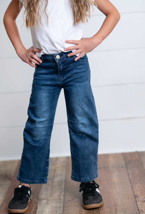Kids Dark Wash Denim Horse Shoe Wide Leg Fall Winter Jeans