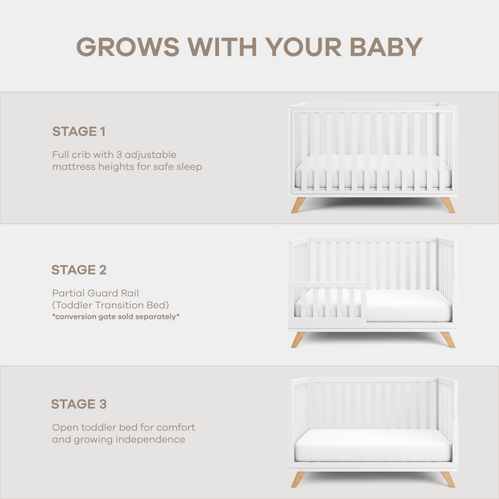 Baby Crib for 0 to 3 Years - White Bars and Frame and Natural Wood Leg