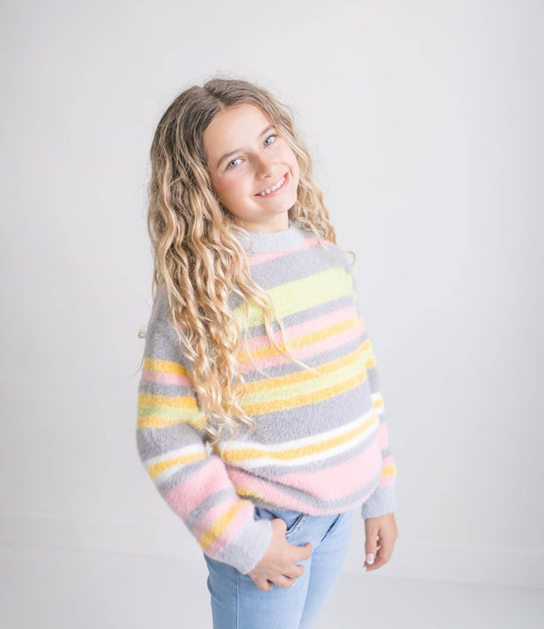 Girls Harper Stripe Fuzzy Crew Neck Fall Winter Sweater