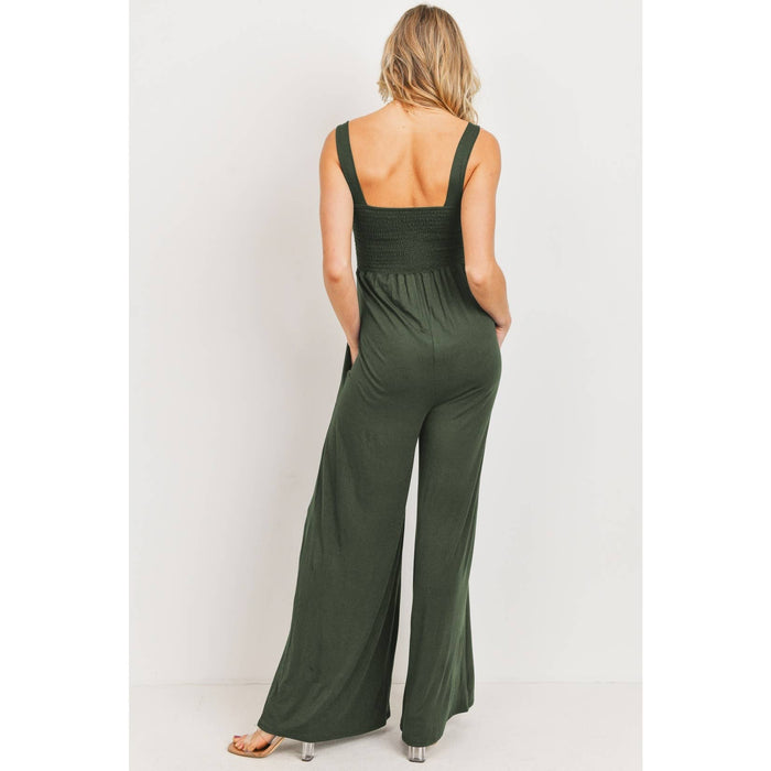 Army Green Sleeveless Smocked Maternity Wideleg Jumpsuit