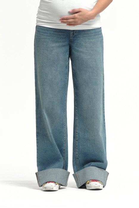 Maternity Roll Cuff Wide Leg Jean w/ Bellyband in Willa