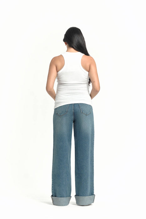 Maternity Roll Cuff Wide Leg Jean w/ Bellyband in Willa