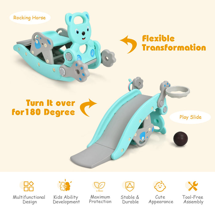 4-in-1 Toddler Slide and Rocking Horse Playset with Basketball Hoop-Blue