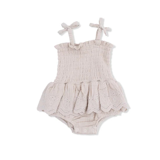 French Oak Muslin Smocked Bubble Romper Skirt
