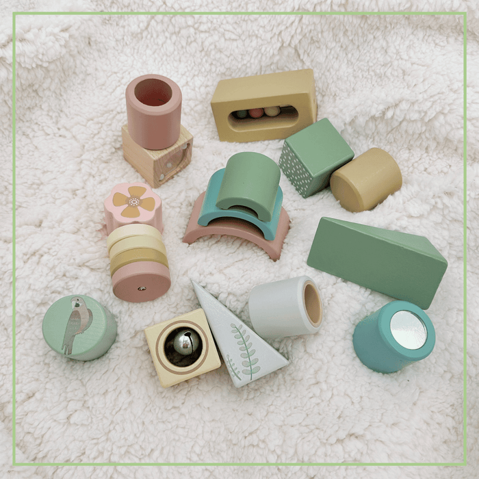 Wooden Activity Blocks 15pc - Interactive Sensory Blocks Ages 12m+