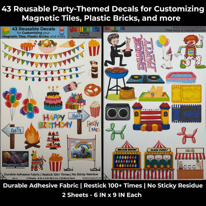 Party: Reusable Decals for Customizing Magnetic Tiles, Plastic Bricks, and more
