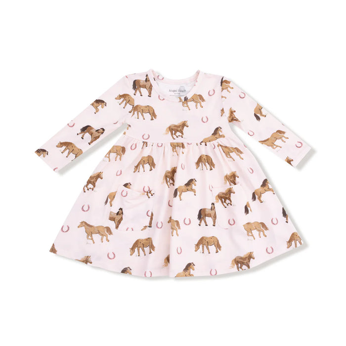 Pink Horses Long Sleeve Twirly Dress