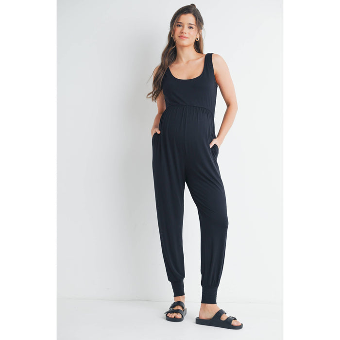 Black Scoop Neck Maternity Jogger Jumpsuit
