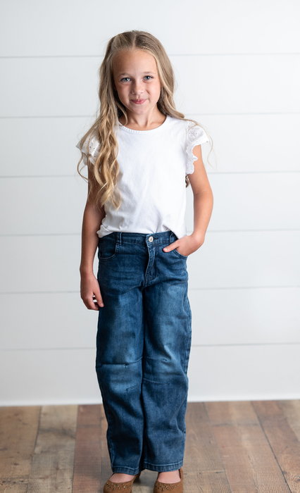 Kids Dark Wash Denim Horse Shoe Wide Leg Fall Winter Jeans
