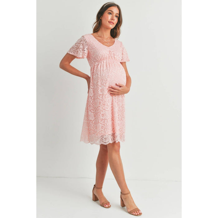 Pink V-Neck Lace Short Sleeve Maternity Dress
