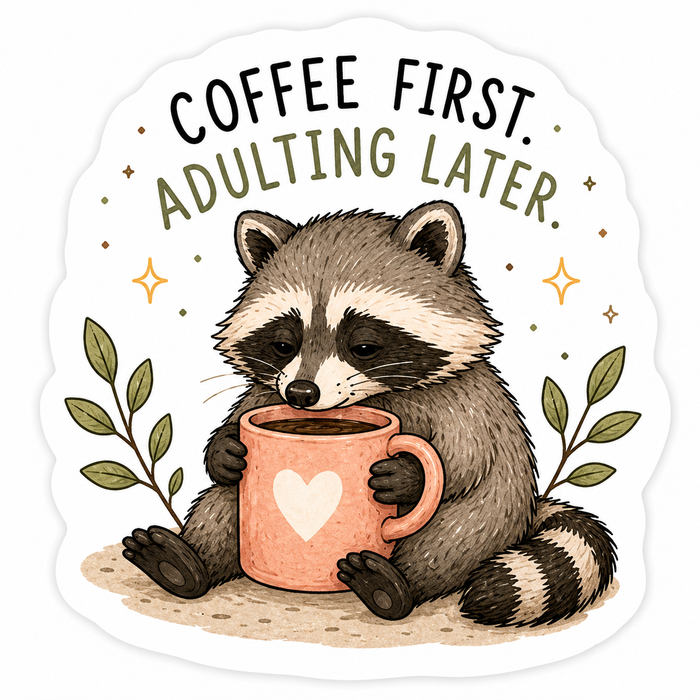 Coffee First Adulting Later Raccoon Sticker