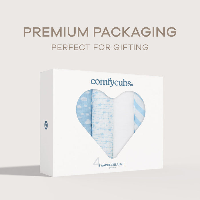 Muslin Swaddle Blankets 47” x 47” in Blue, 4 Pack