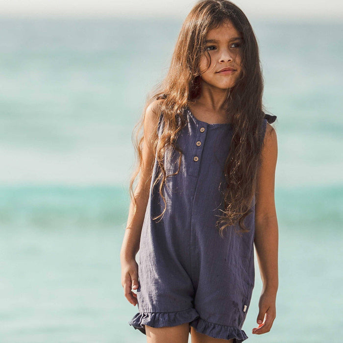 Check Gauze Blue Girl Romper - Blue Smoke