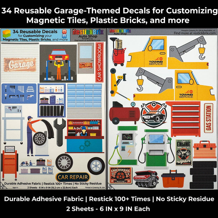 Auto Shop: Reusable Decals for Customizing Magnetic Tiles, Plastic Bricks, and more
