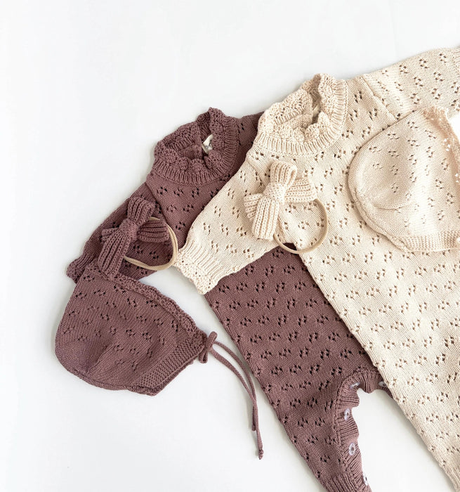Plum Grace Knit Romper with Bonnet Outfit