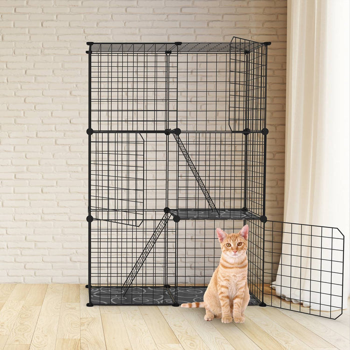 3 Tier Cat Playpen Cage Metal Indoor Cat House Detachable Kitten House with 3 Doors 2 Ladders Large Cat Exercise Place for 1-2 Cats Black