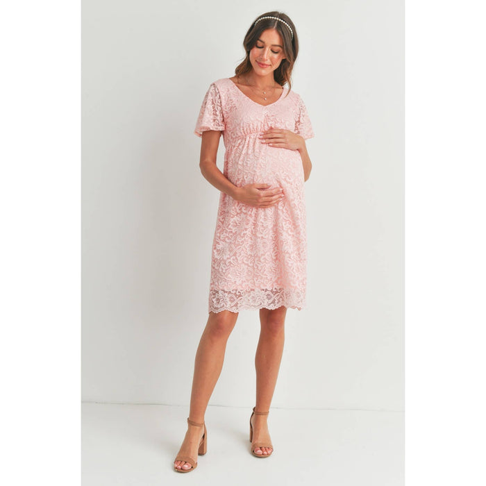Pink V-Neck Lace Short Sleeve Maternity Dress