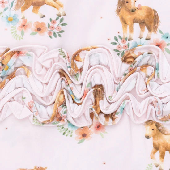 Pink Ponies Ruffle Back 2-Way Zipper Footie Pajama
