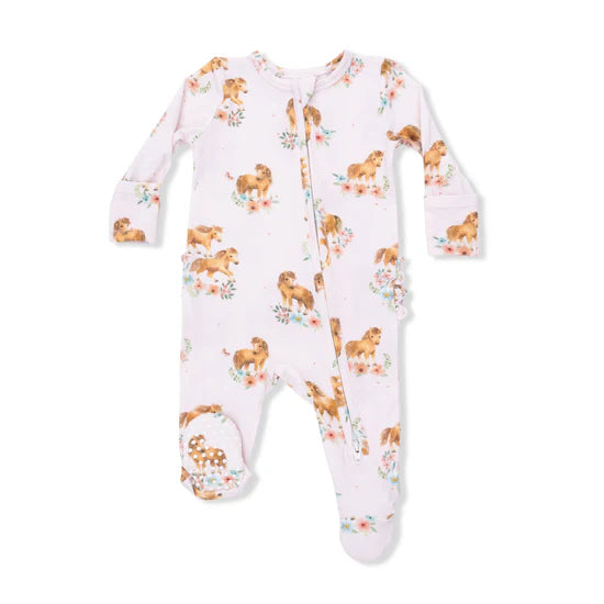 Pink Ponies Ruffle Back 2-Way Zipper Footie Pajama
