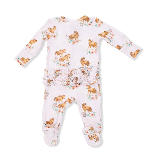 Pink Ponies Ruffle Back 2-Way Zipper Footie Pajama