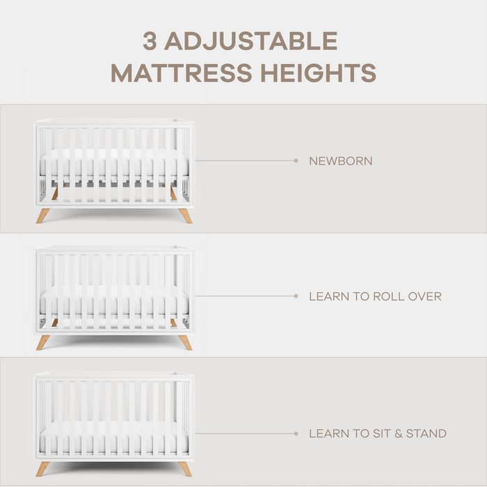 Baby Crib for 0 to 3 Years - White Bars and Frame and Natural Wood Leg