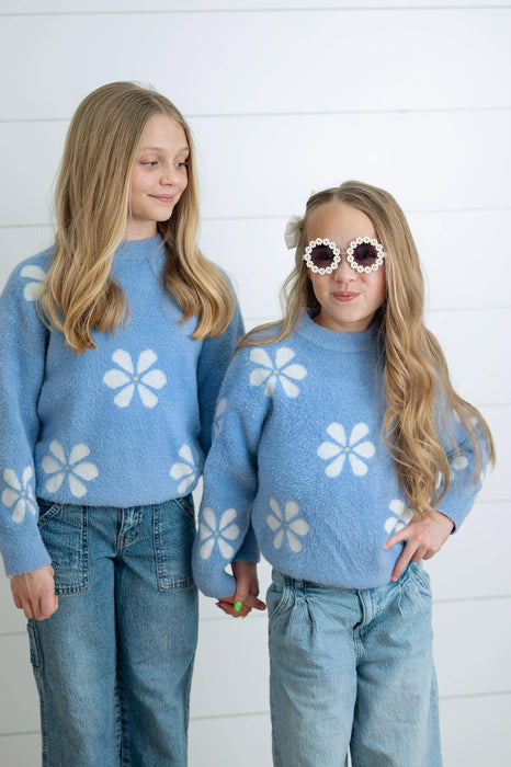 Girls Harper Blue & White Daisy Fuzzy Crew Neck Fall Sweater