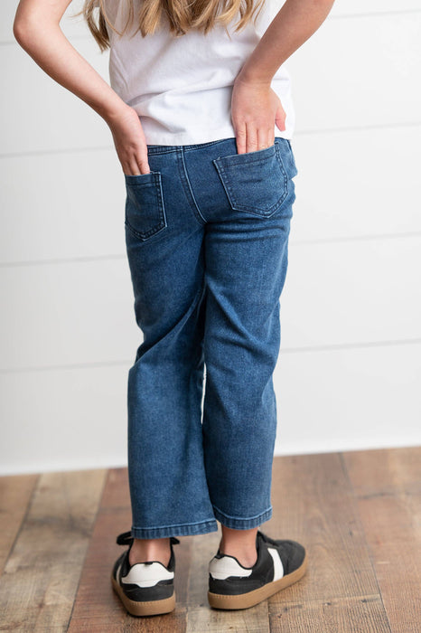 Kids Dark Wash Denim Horse Shoe Wide Leg Fall Winter Jeans
