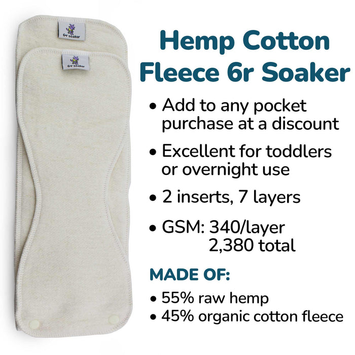 6r Soaker Insert Set | Raw Hemp Cotton Fleece - 7 Layer Overnight & Heavy Wetter