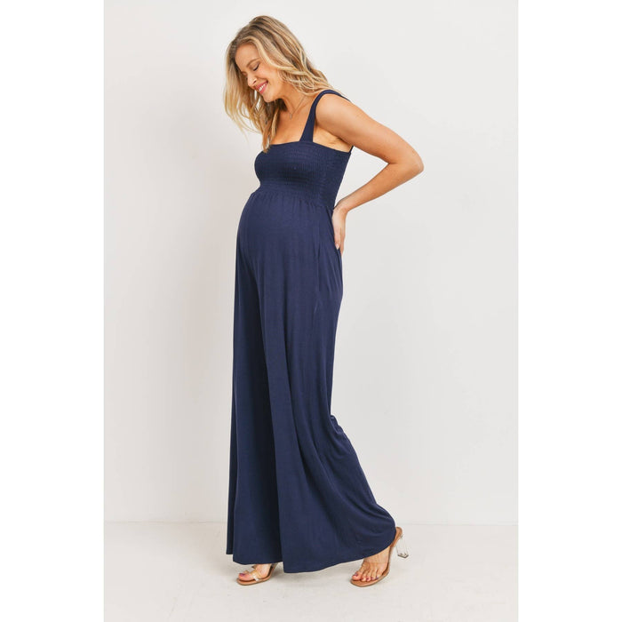 Navy Sleeveless Smocked Maternity Wideleg Jumpsuit
