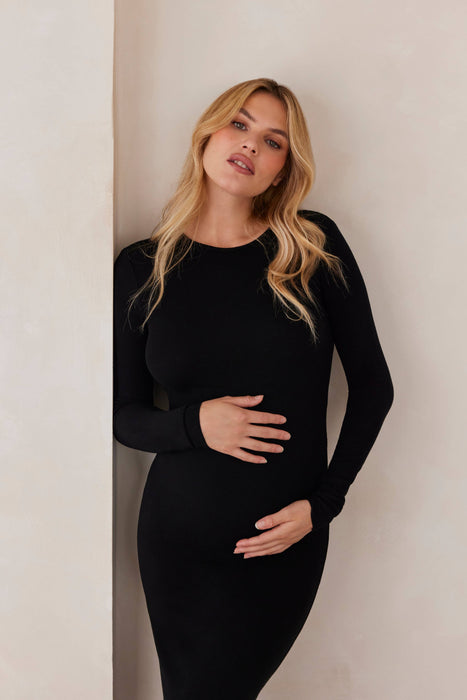 Black Soft Rib Maxi Long Sleeve Dress