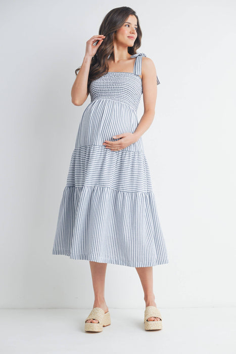 Chambray Striped Ruffle Tiered Maternity Midi Dress