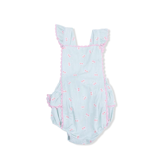 Tiny Cherry Stripe Ric Rac Ruffle Sunsuit