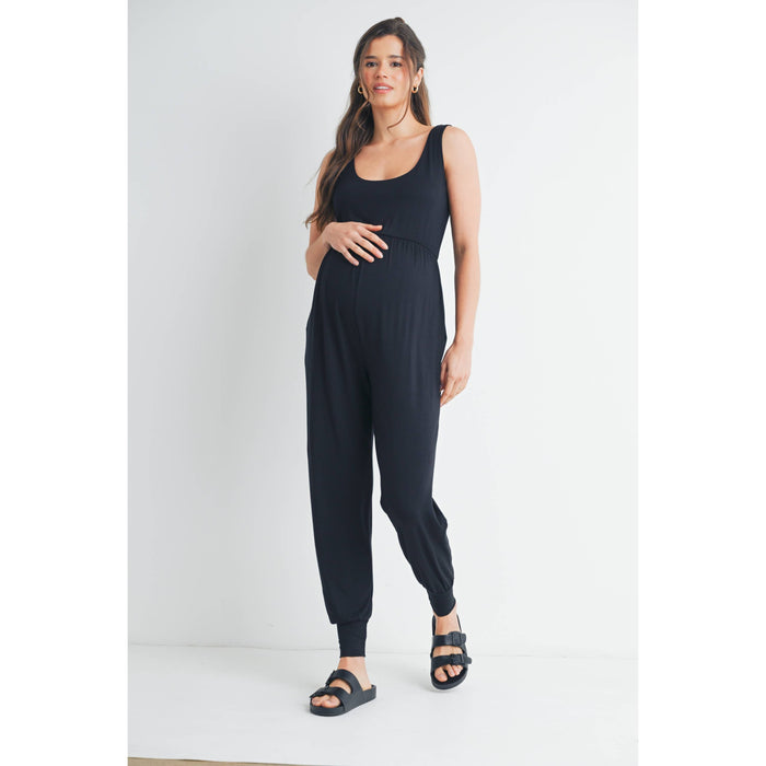 Black Scoop Neck Maternity Jogger Jumpsuit