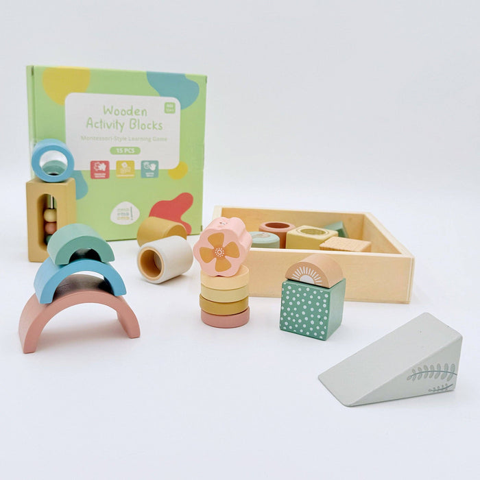 Wooden Activity Blocks 15pc - Interactive Sensory Blocks Ages 12m+