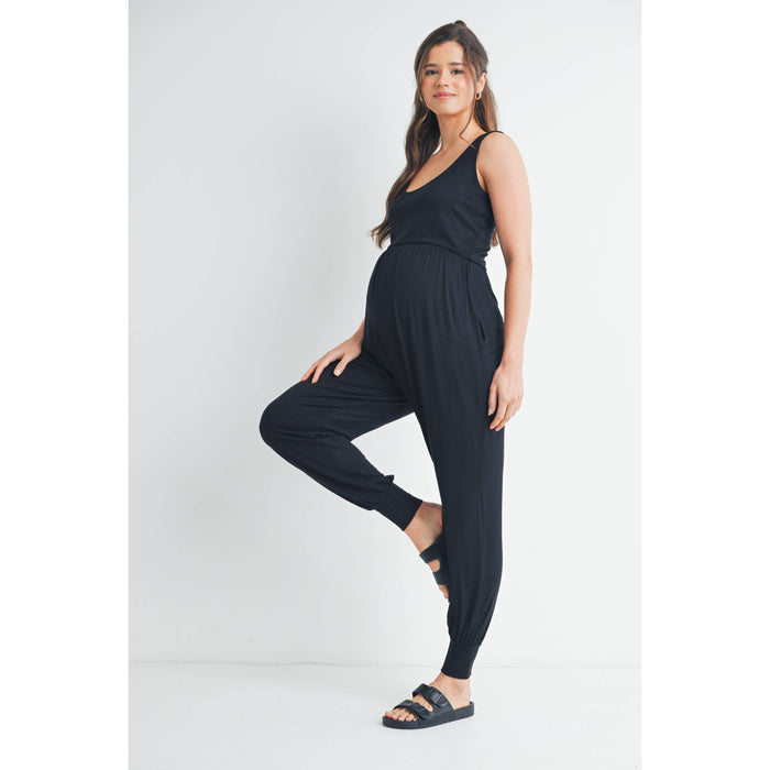 Black Scoop Neck Maternity Jogger Jumpsuit