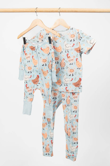 Blue Chickens & Blooms Ribbed Cotton Zippy Pajamas