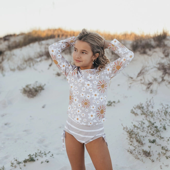 Beige Sun & Daisy Long Sleeve Rash Guard Swimsuit