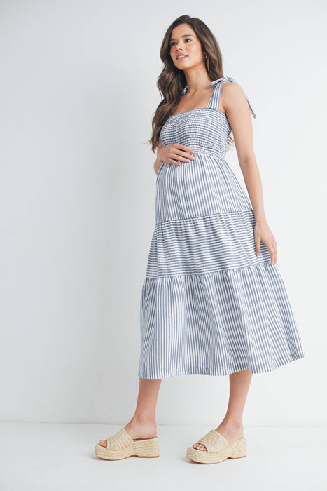 Chambray Striped Ruffle Tiered Maternity Midi Dress