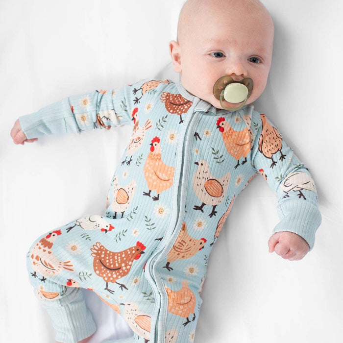 Blue Chickens & Blooms Ribbed Cotton Zippy Pajamas