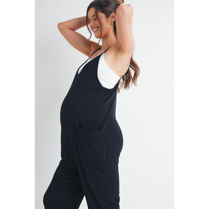 Black V Neck Maternity Jogger Jumpsuit