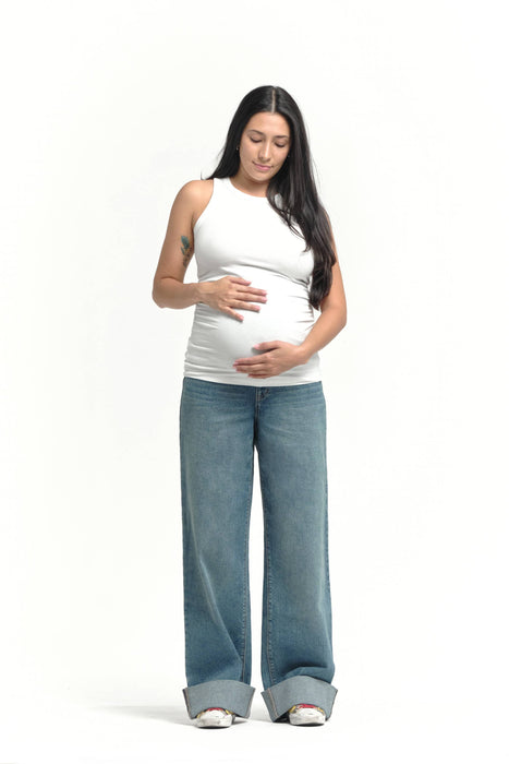 Maternity Roll Cuff Wide Leg Jean w/ Bellyband in Willa