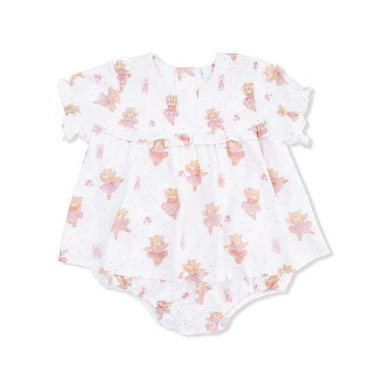 Teddy Bear Ballerina Smocked Bubble Romper Skirt
