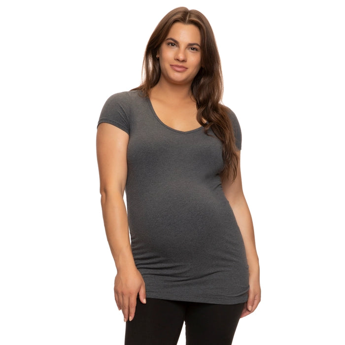 Heathered Charcoal Cotton Modal V-Neck Tee w/ Side Shirring