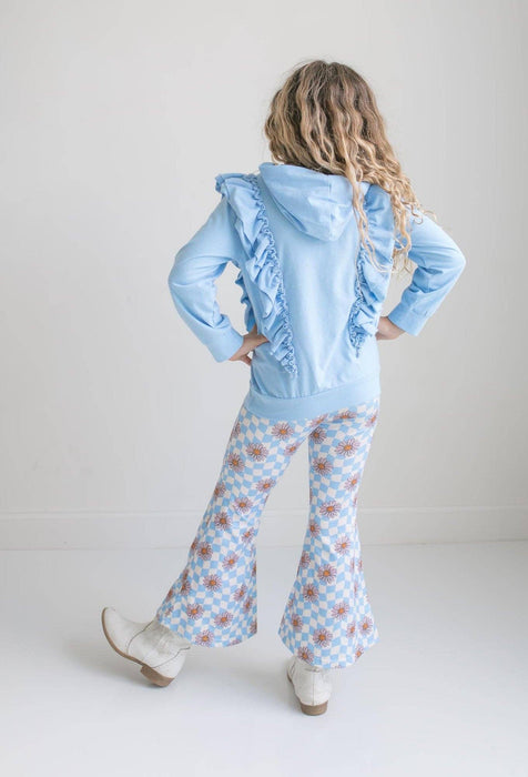 Girls Evie Blue Double Ruffle Hoodie & Retro Check Pant Set