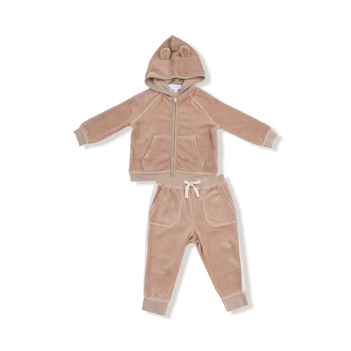 Velour Teddy Bear Zip Hoodie & Varsity Stripe Jogger Set